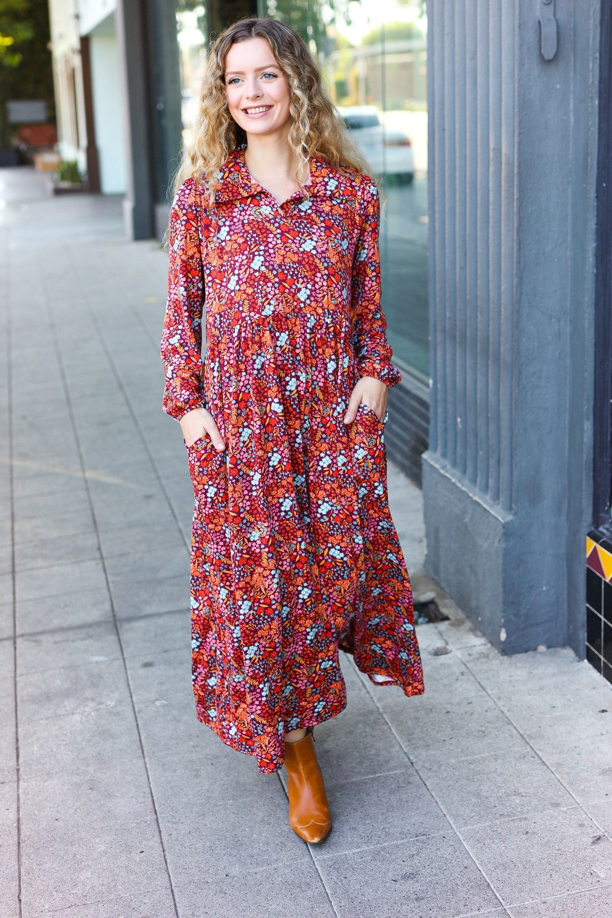 Burgundy Floral Collared Fit & Flare Maxi Dress