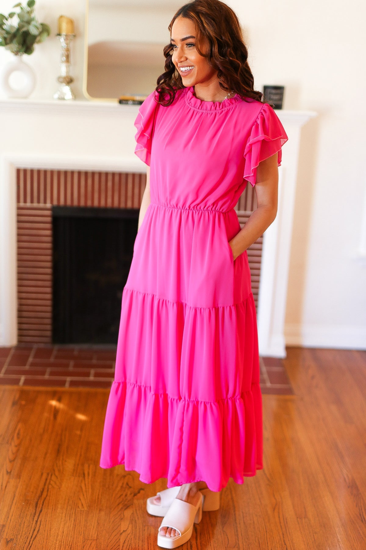 Hot Pink Mock Neck Tiered Chiffon Maxi Dress