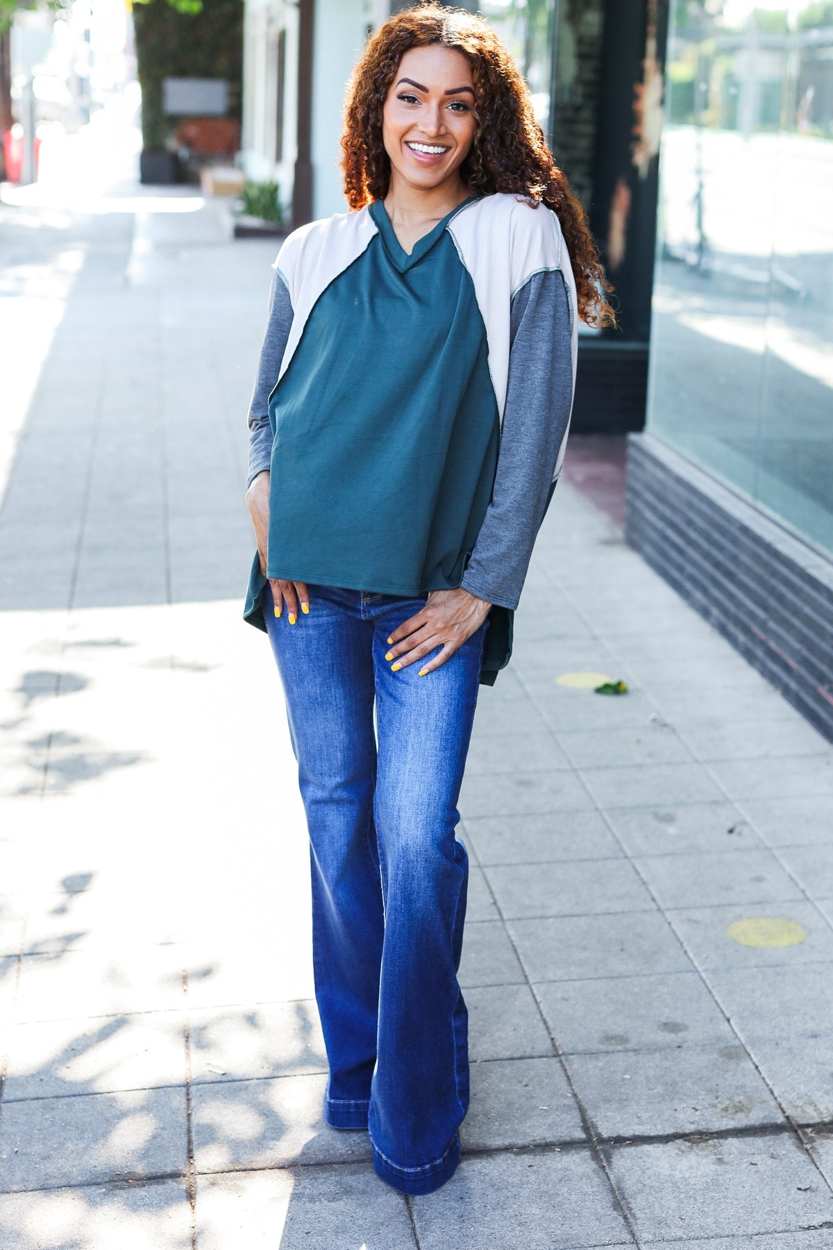 Hunter Green V Neck Raglan Color Block Outseam Top