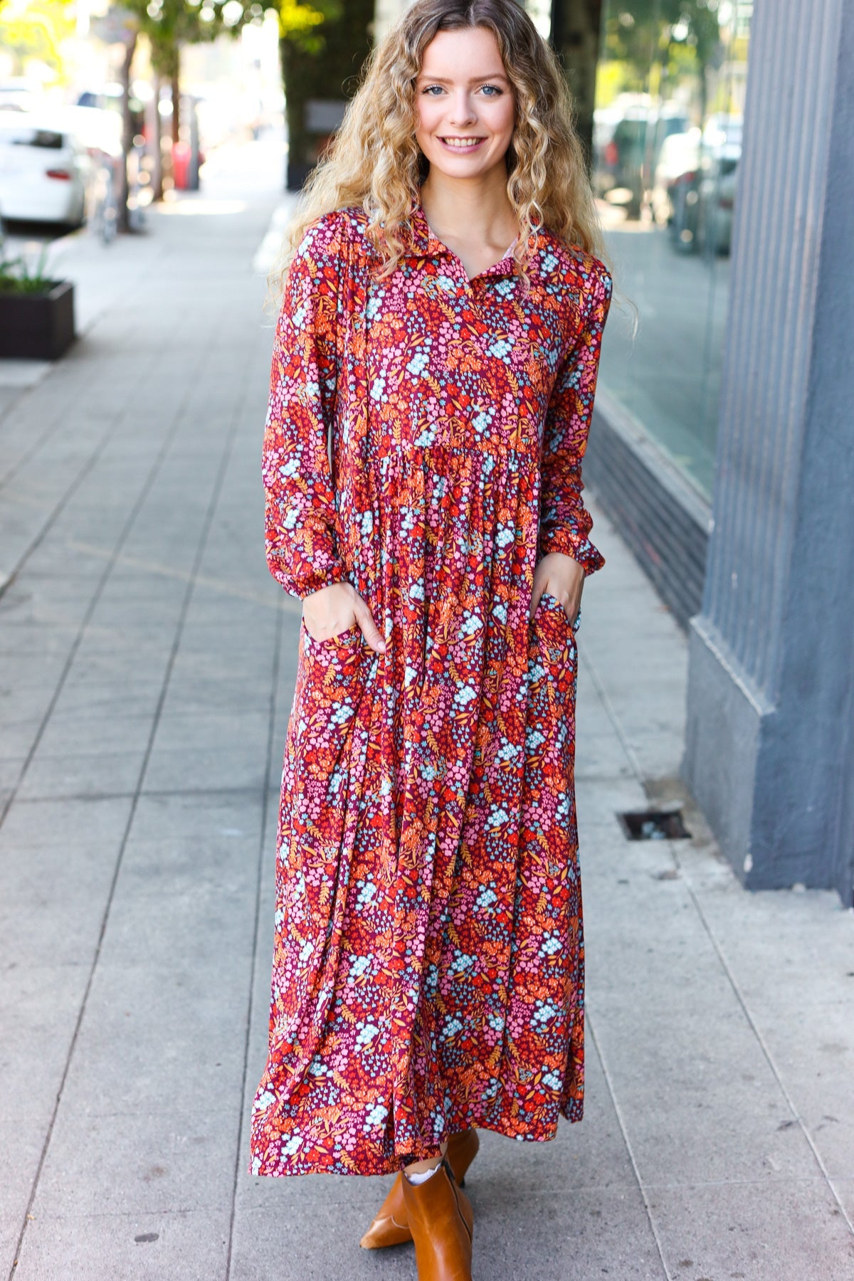 Burgundy Floral Collared Fit & Flare Maxi Dress