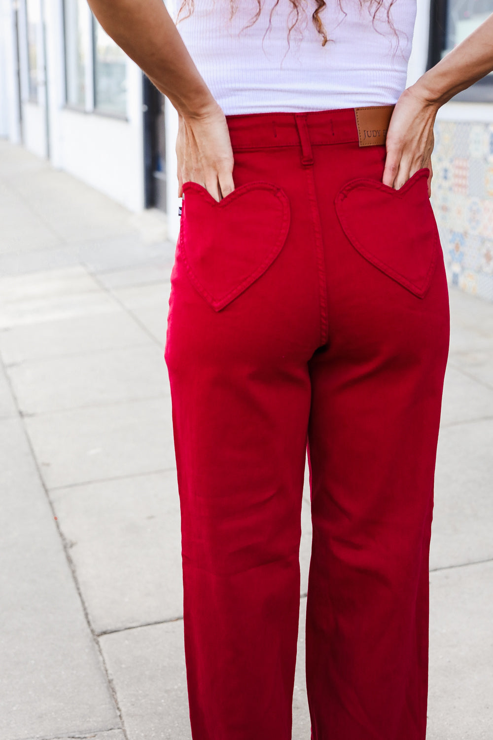 Red Heart Shaped Pocket High Rise Straight Leg Jeans