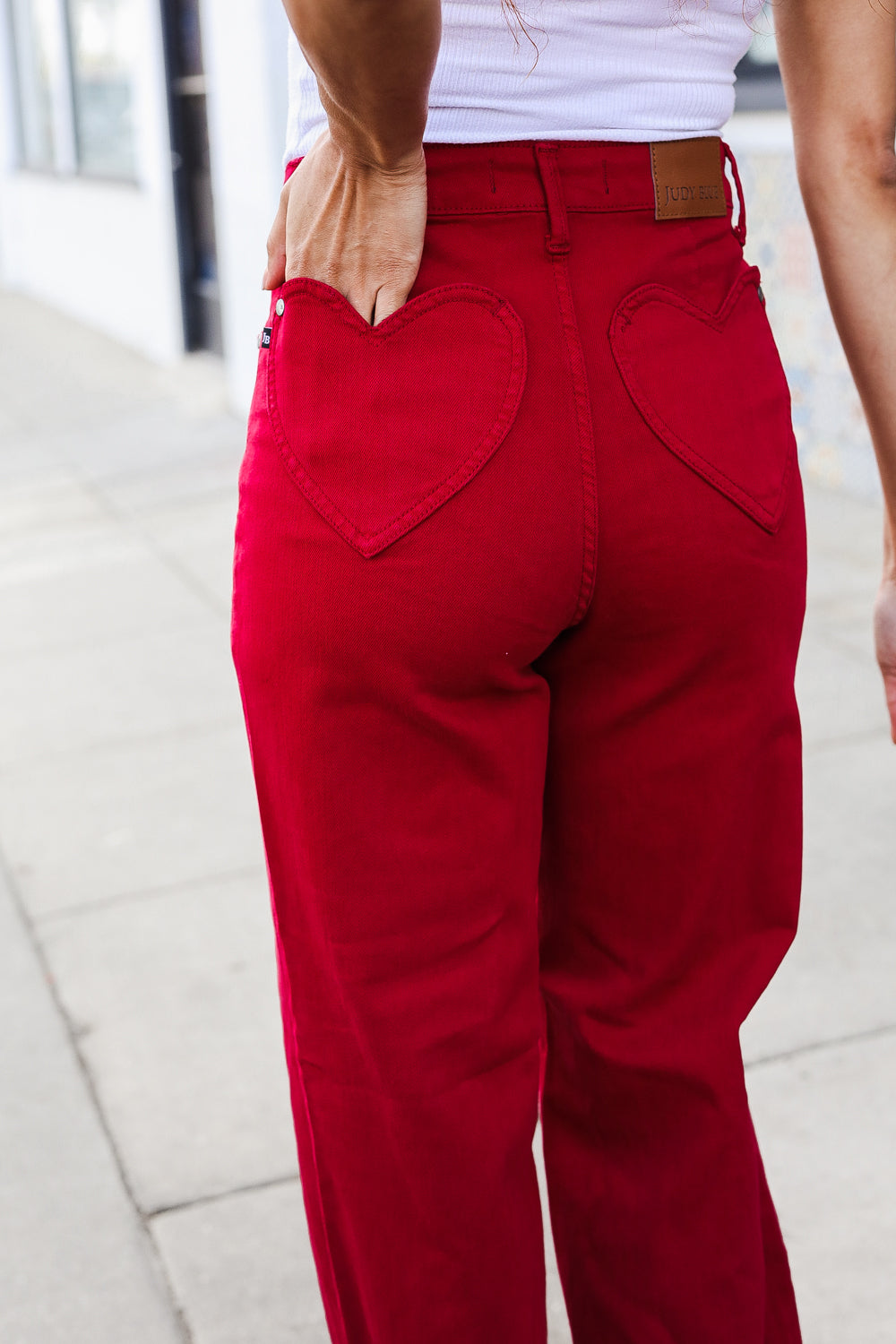 Red Heart Shaped Pocket High Rise Straight Leg Jeans