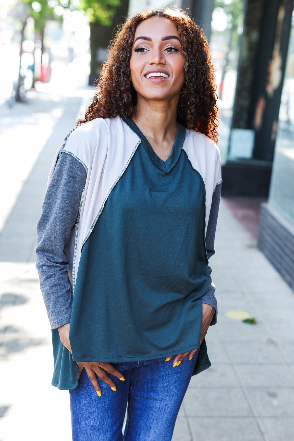 Hunter Green V Neck Raglan Color Block Outseam Top