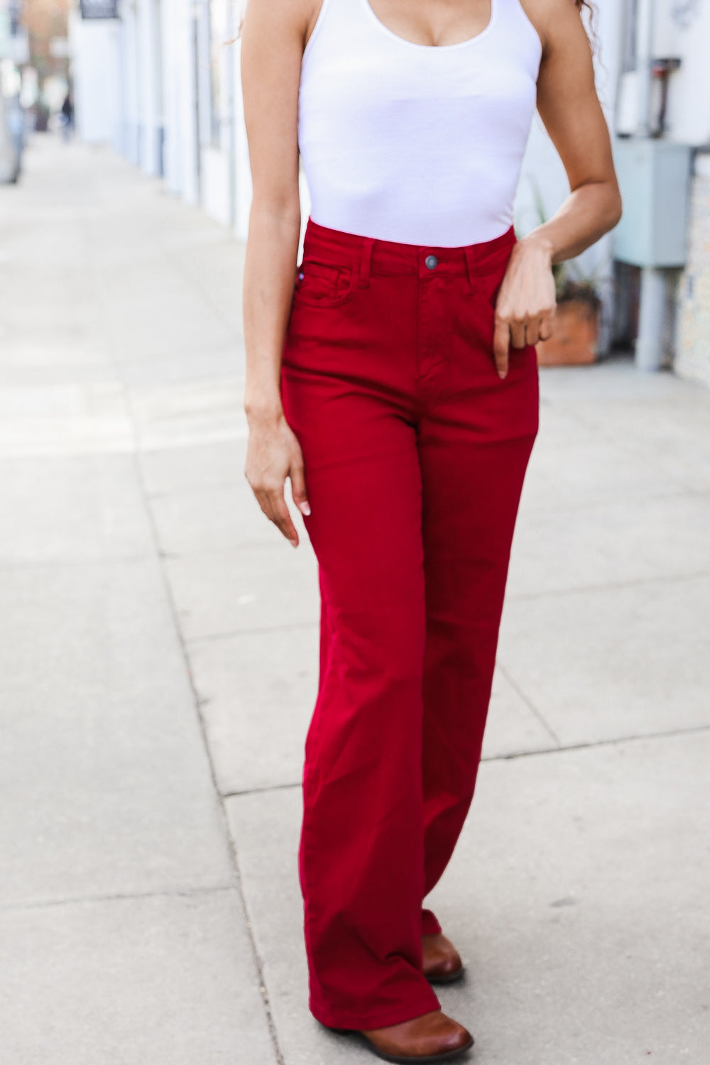 Red Heart Shaped Pocket High Rise Straight Leg Jeans