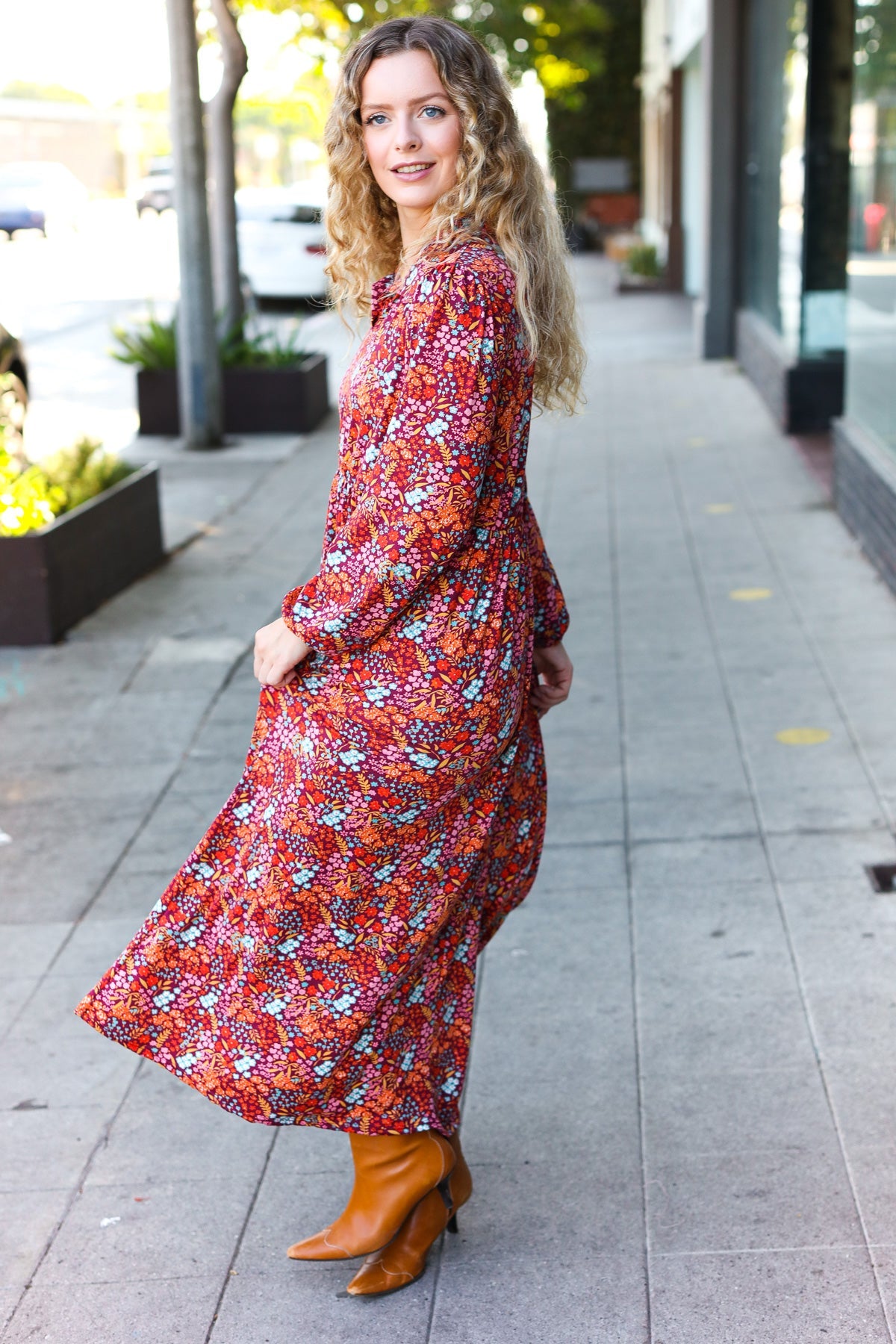 Burgundy Floral Collared Fit & Flare Maxi Dress