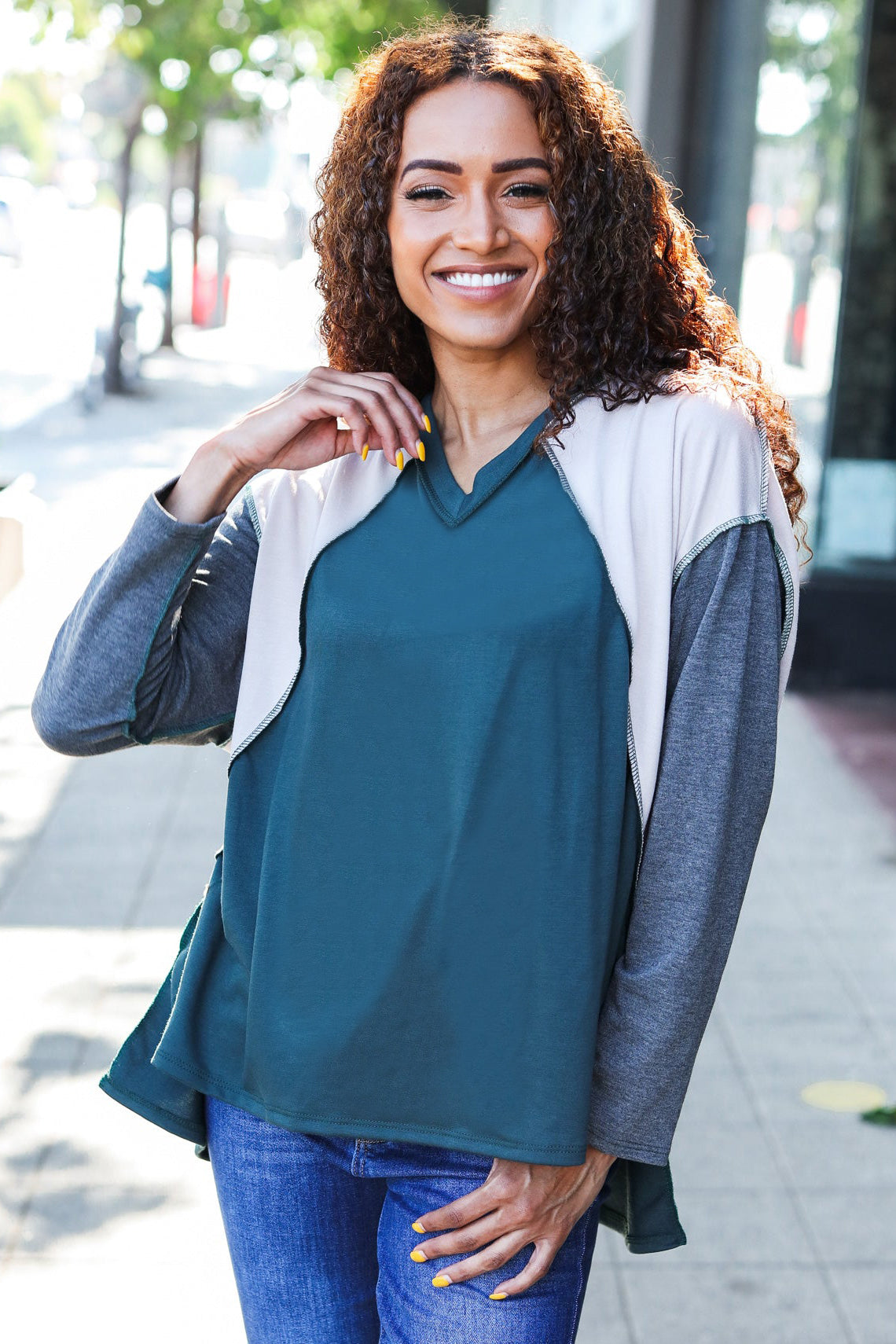 Hunter Green V Neck Raglan Color Block Outseam Top