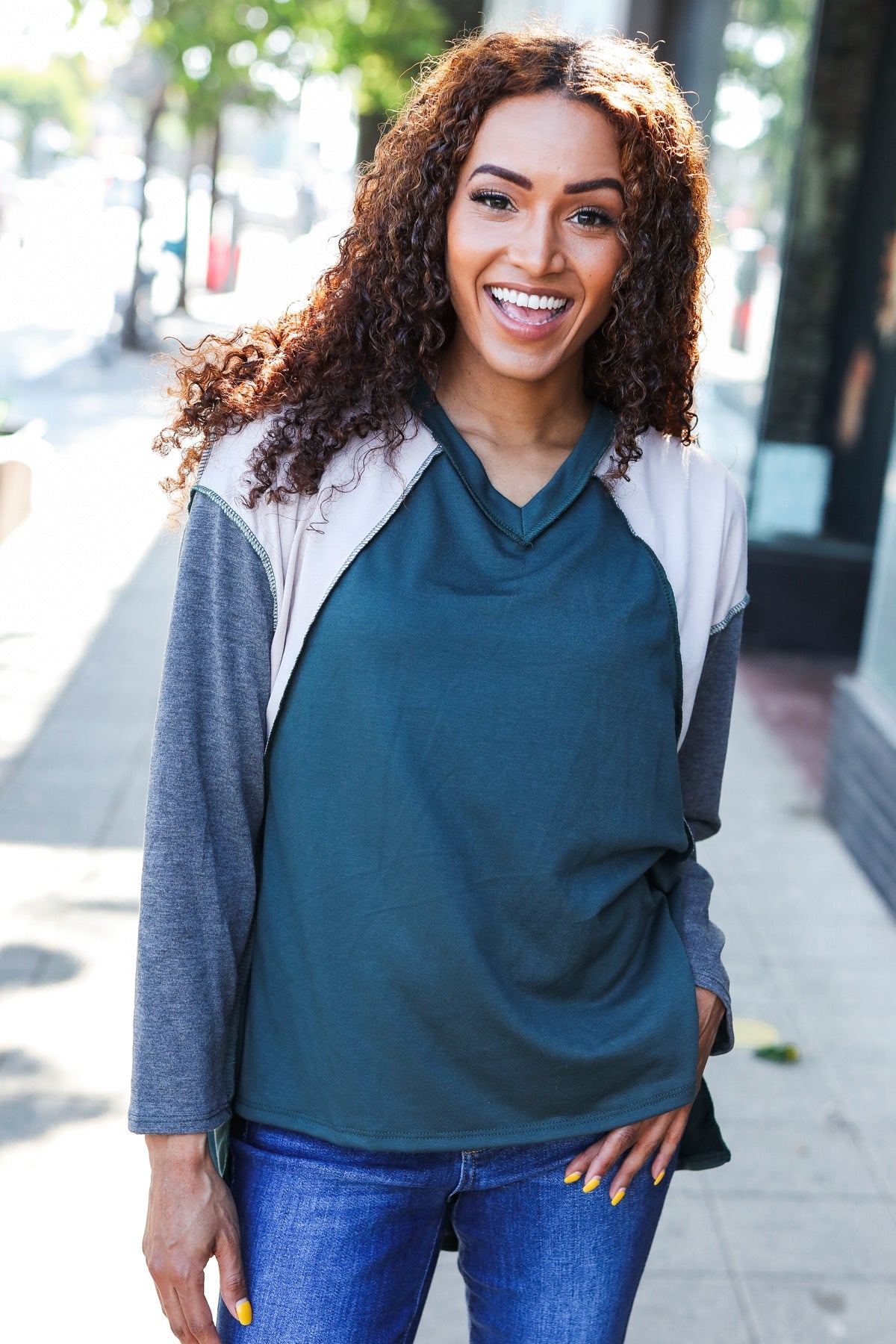 Hunter Green V Neck Raglan Color Block Outseam Top