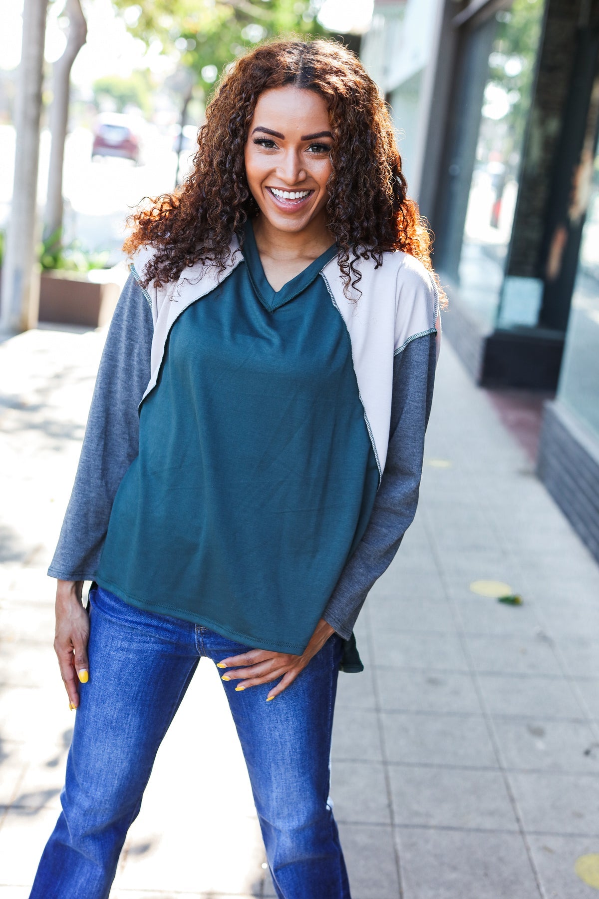 Hunter Green V Neck Raglan Color Block Outseam Top