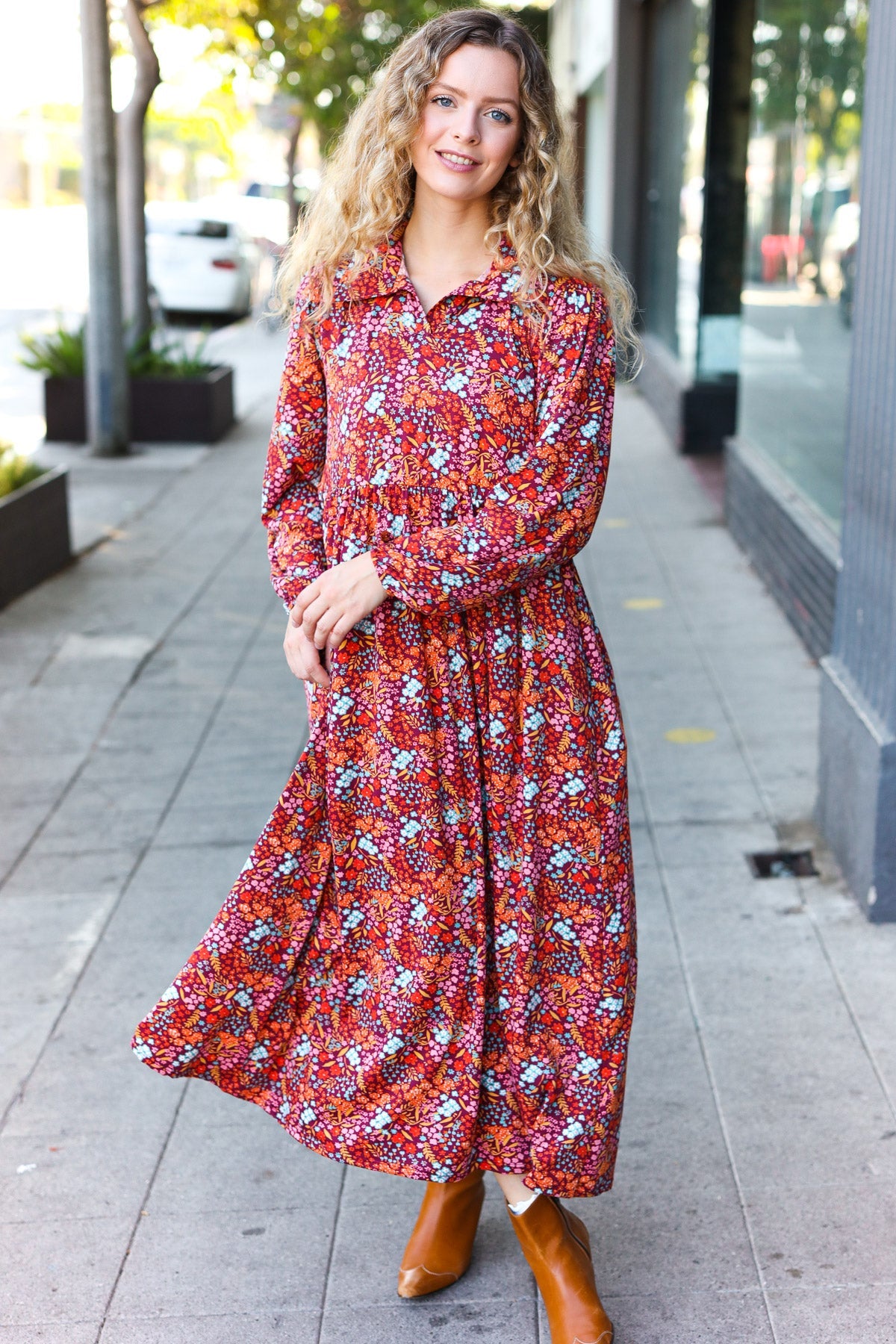 Burgundy Floral Collared Fit & Flare Maxi Dress