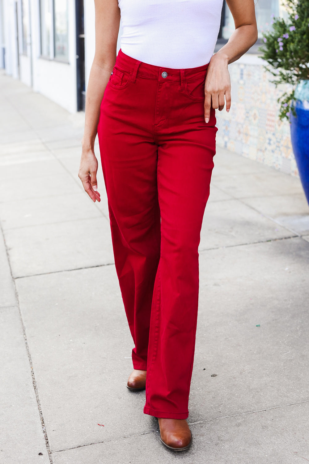 Red Heart Shaped Pocket High Rise Straight Leg Jeans