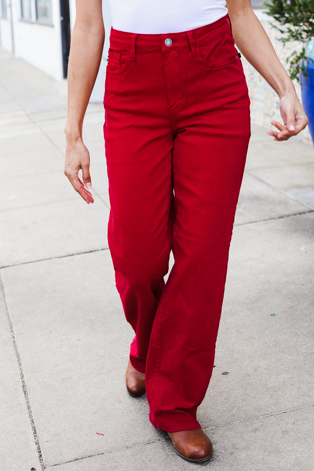 Red Heart Shaped Pocket High Rise Straight Leg Jeans