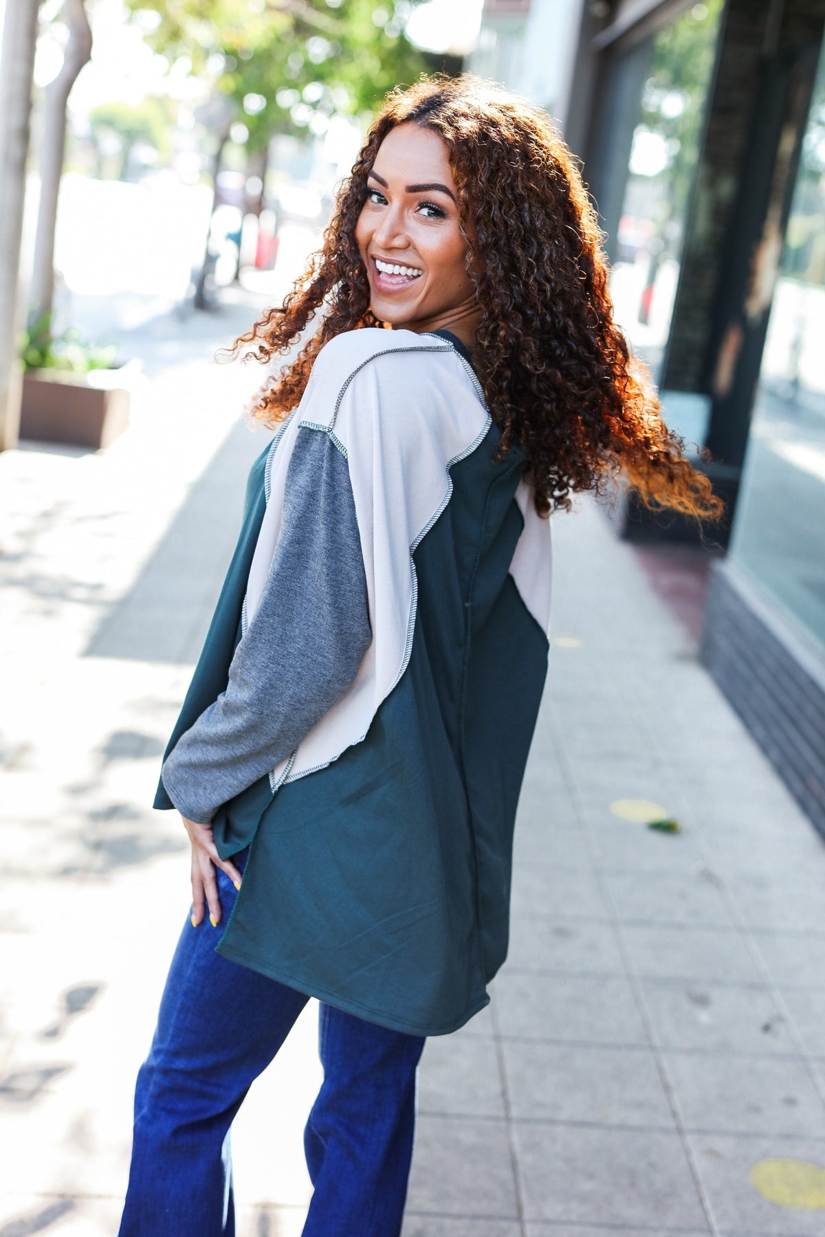 Hunter Green V Neck Raglan Color Block Outseam Top