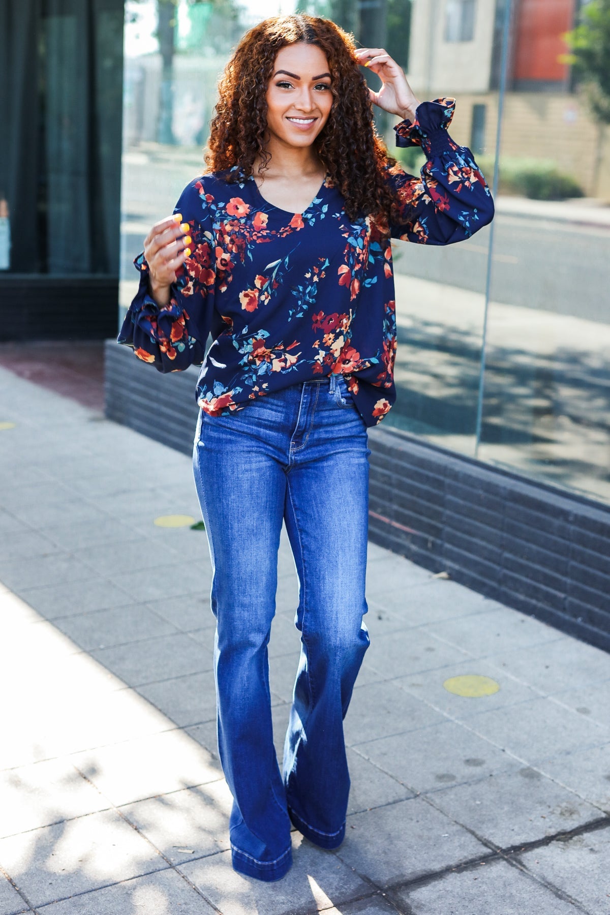 Navy Floral Smocked Bubble Sleeve Woven Top