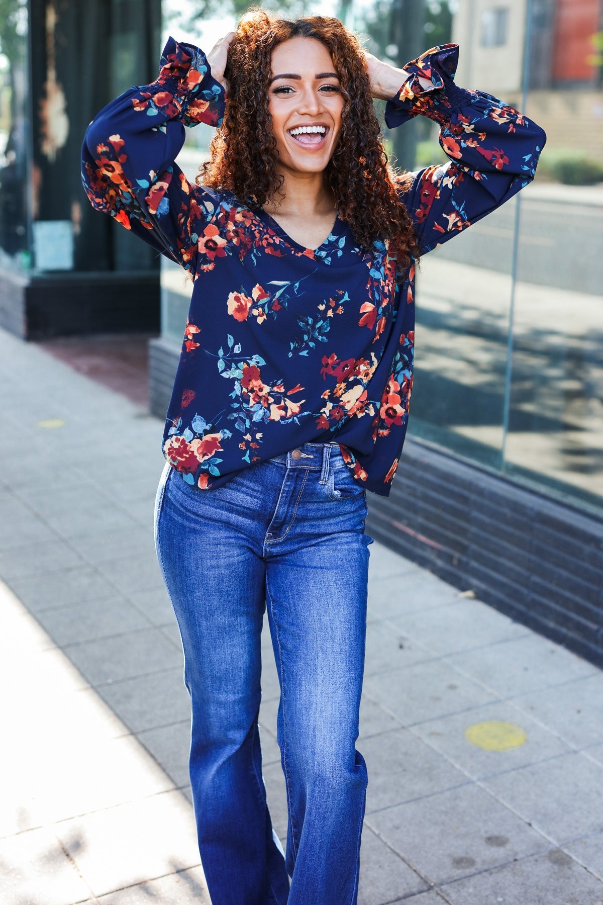 Navy Floral Smocked Bubble Sleeve Woven Top