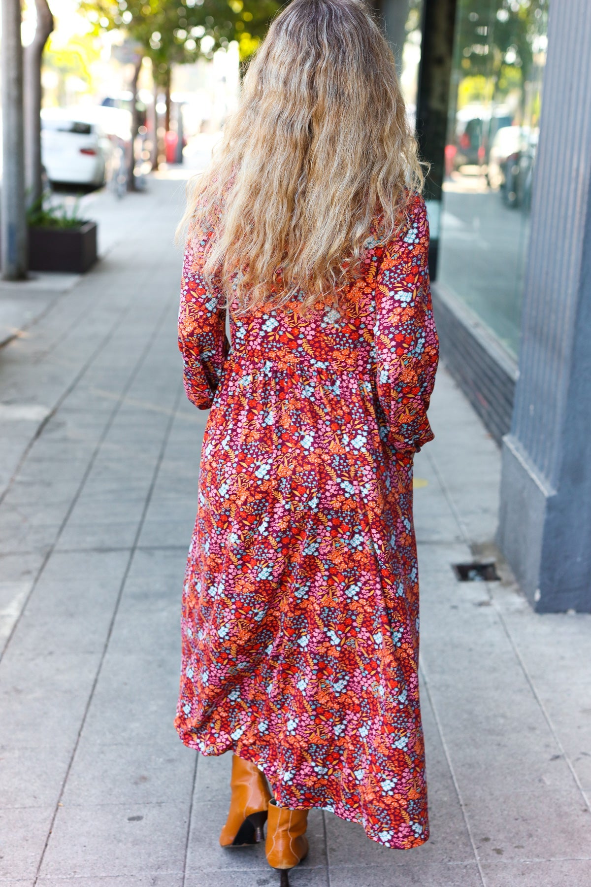 Burgundy Floral Collared Fit & Flare Maxi Dress