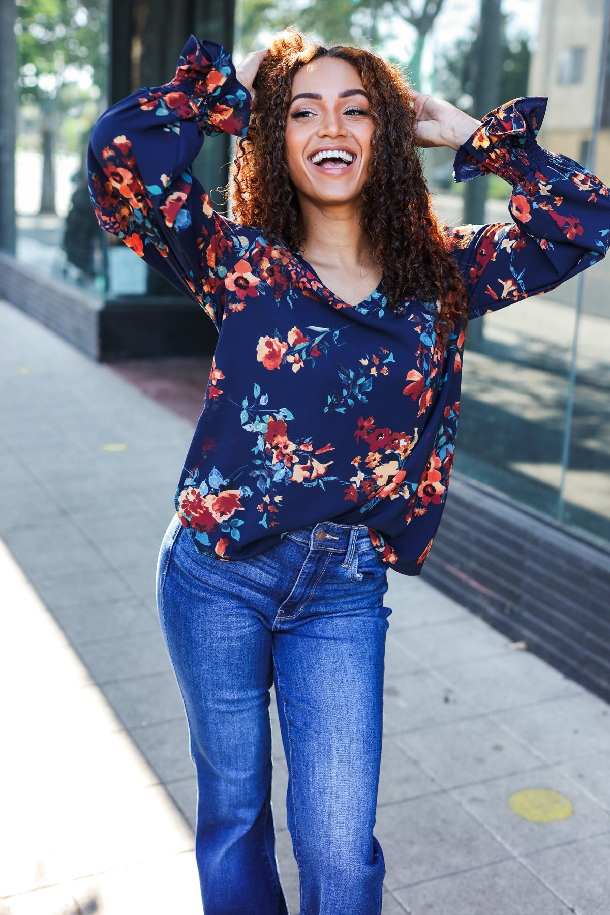 Navy Floral Smocked Bubble Sleeve Woven Top