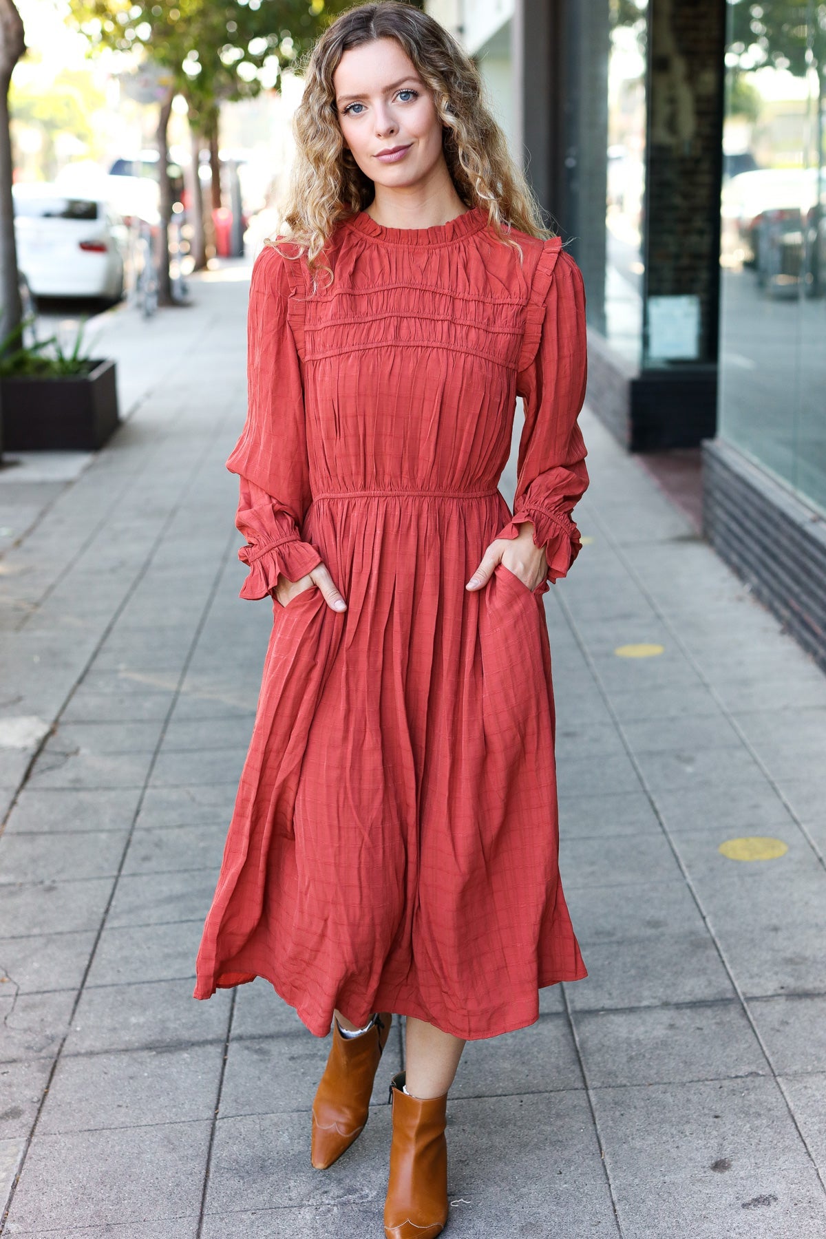 Rust Mock Neck Embossed Midi Dress