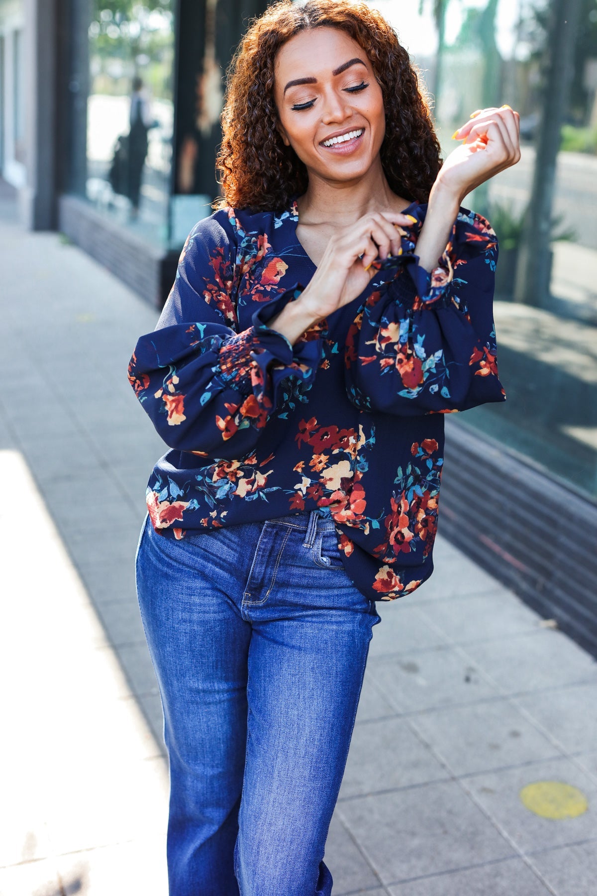 Navy Floral Smocked Bubble Sleeve Woven Top