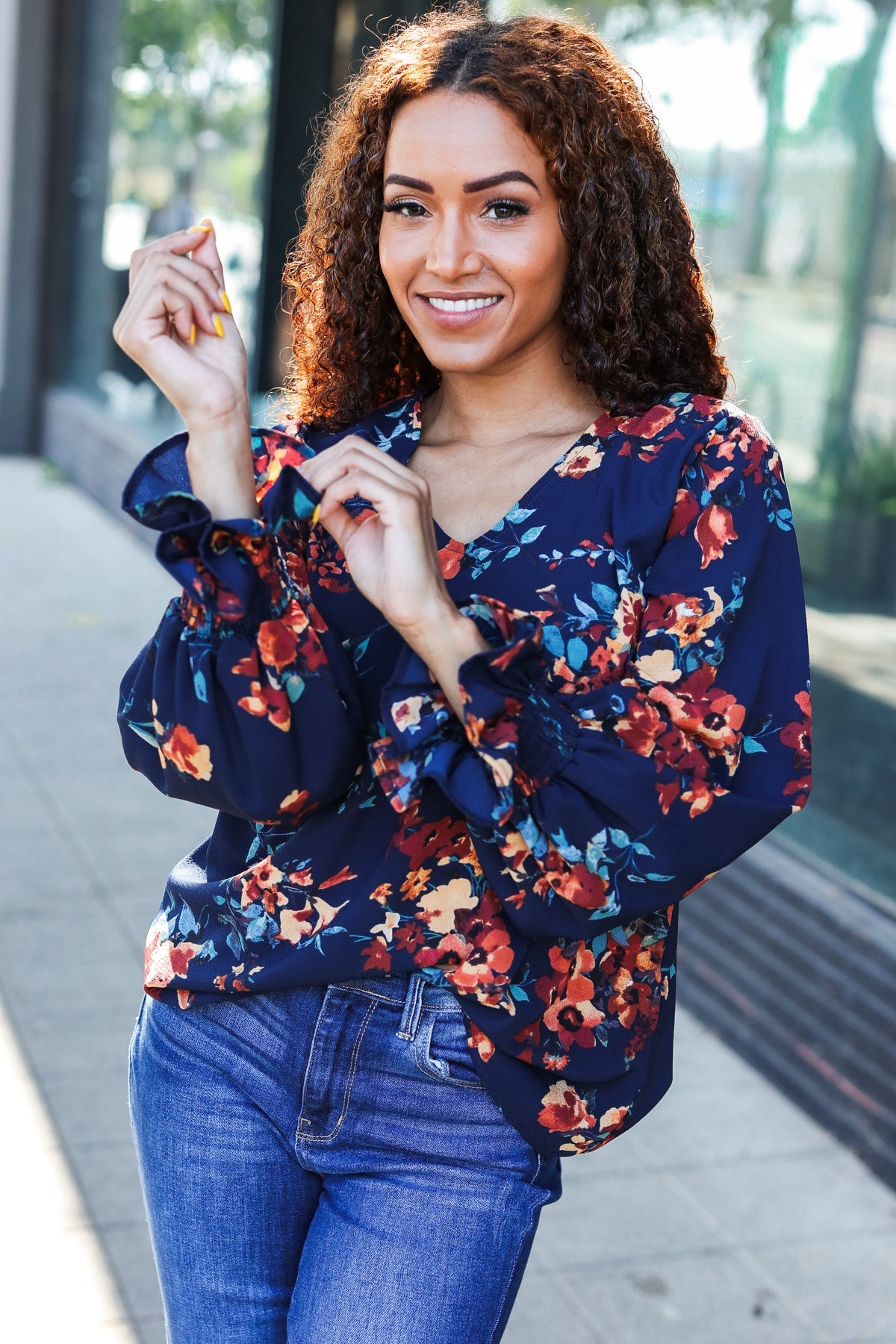 Navy Floral Smocked Bubble Sleeve Woven Top