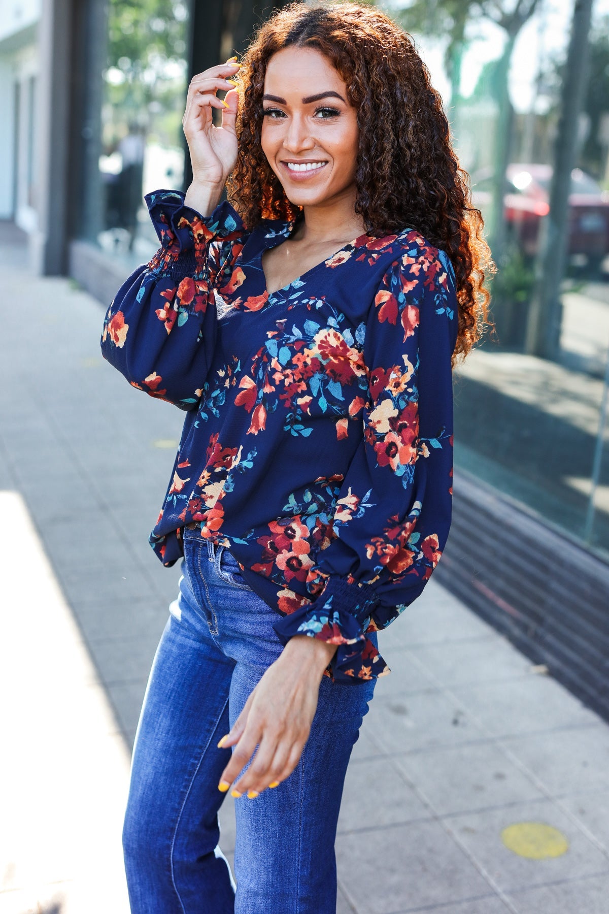 Navy Floral Smocked Bubble Sleeve Woven Top