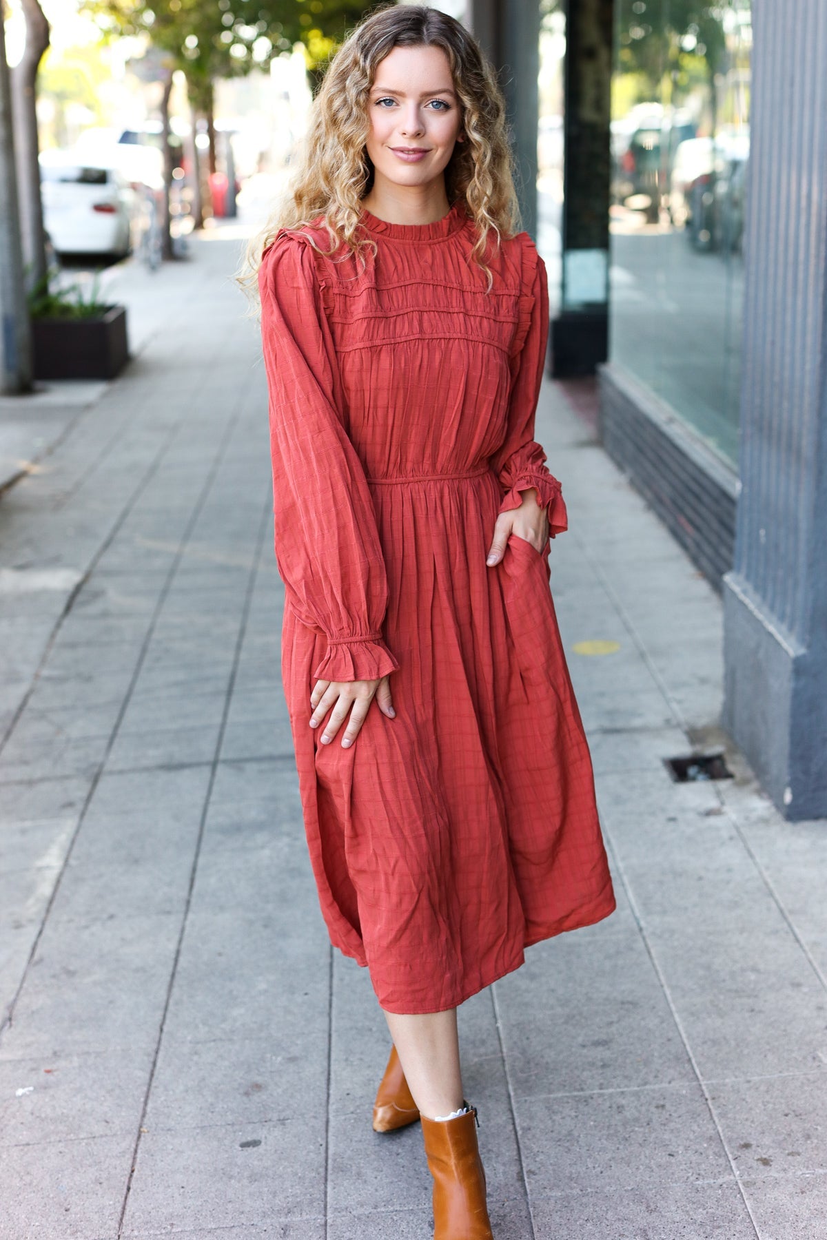 Rust Mock Neck Embossed Midi Dress