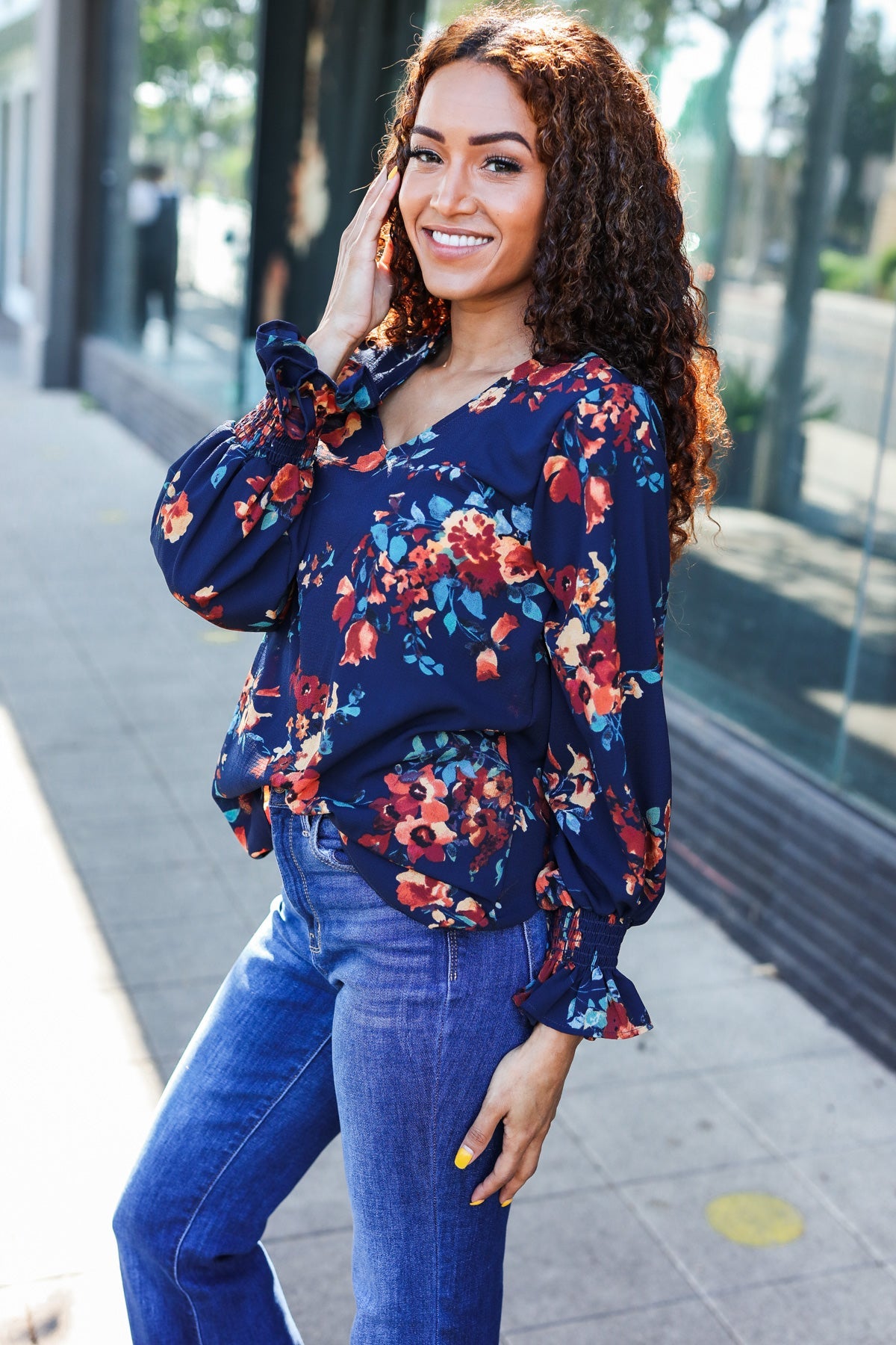 Navy Floral Smocked Bubble Sleeve Woven Top