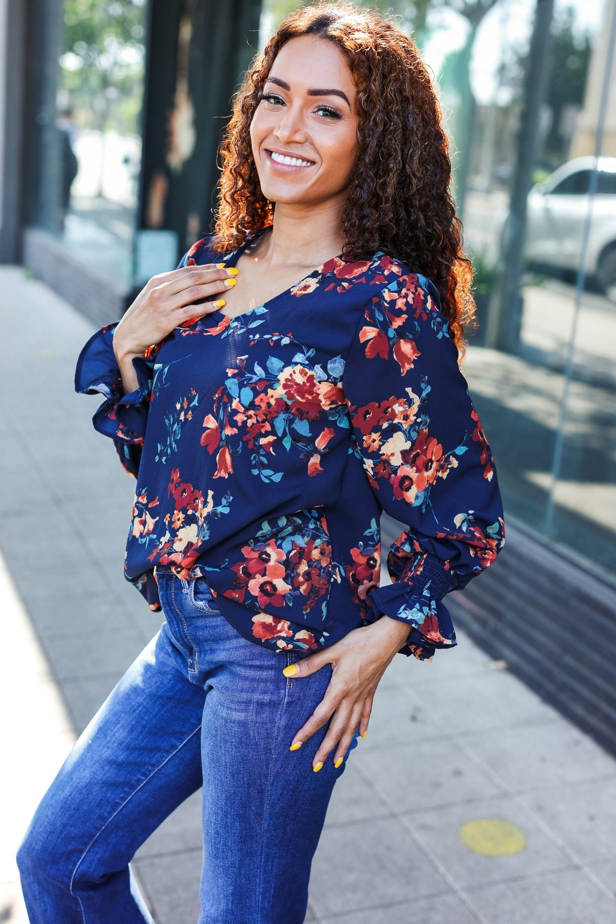 Navy Floral Smocked Bubble Sleeve Woven Top