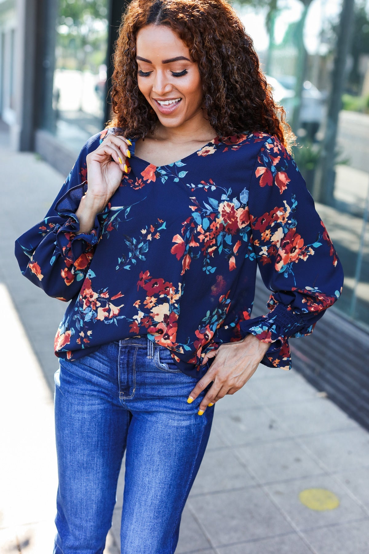 Navy Floral Smocked Bubble Sleeve Woven Top