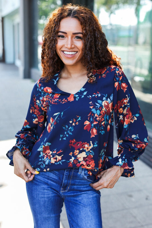 Navy Floral Smocked Bubble Sleeve Woven Top