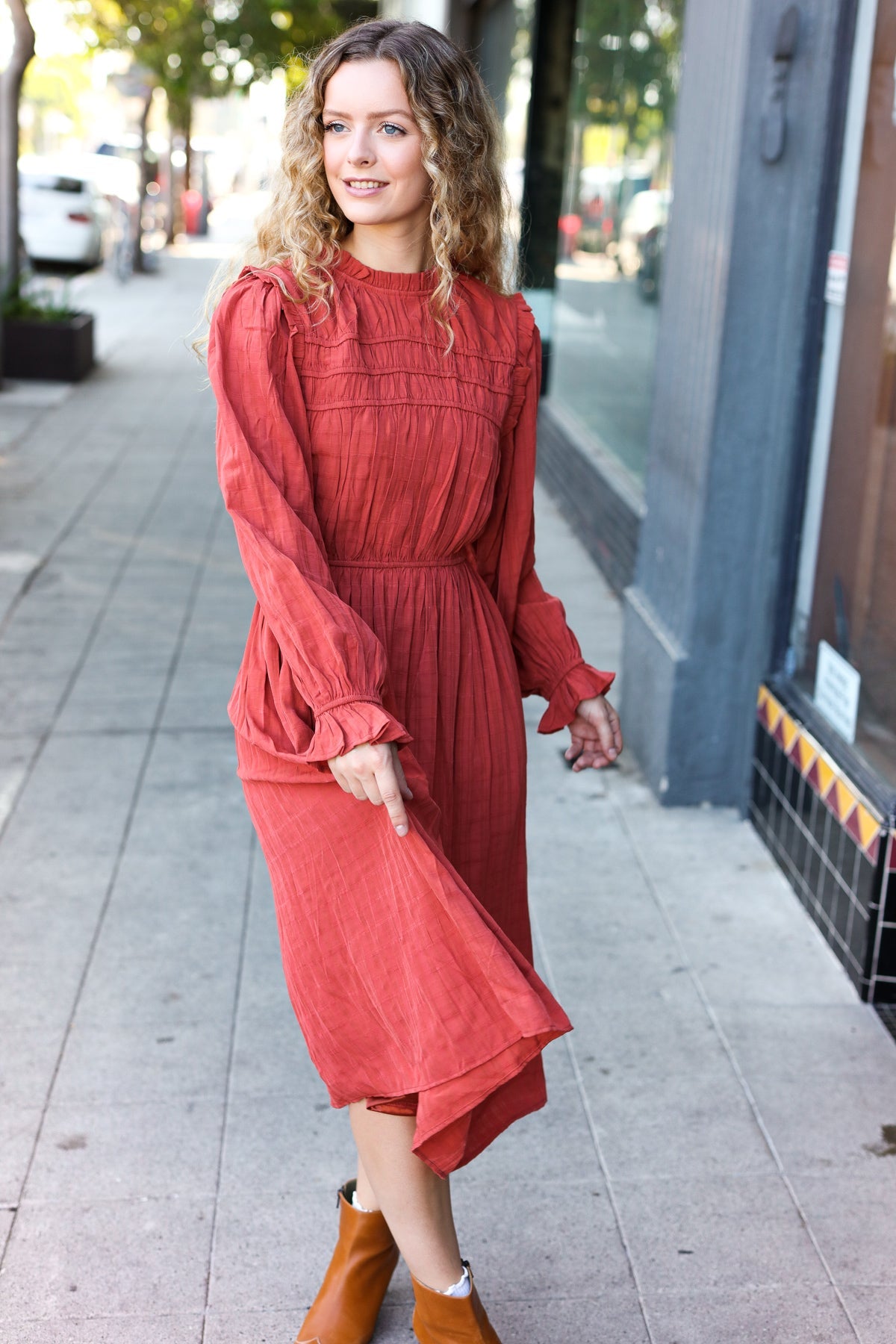 Rust Mock Neck Embossed Midi Dress