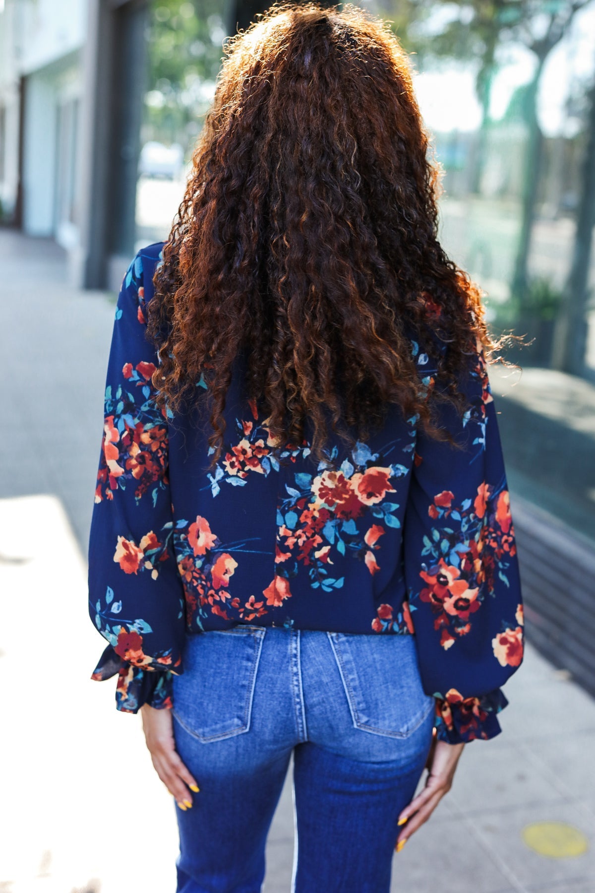 Navy Floral Smocked Bubble Sleeve Woven Top