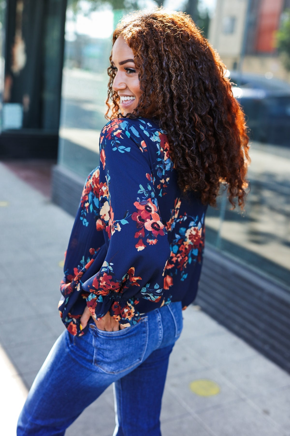 Navy Floral Smocked Bubble Sleeve Woven Top