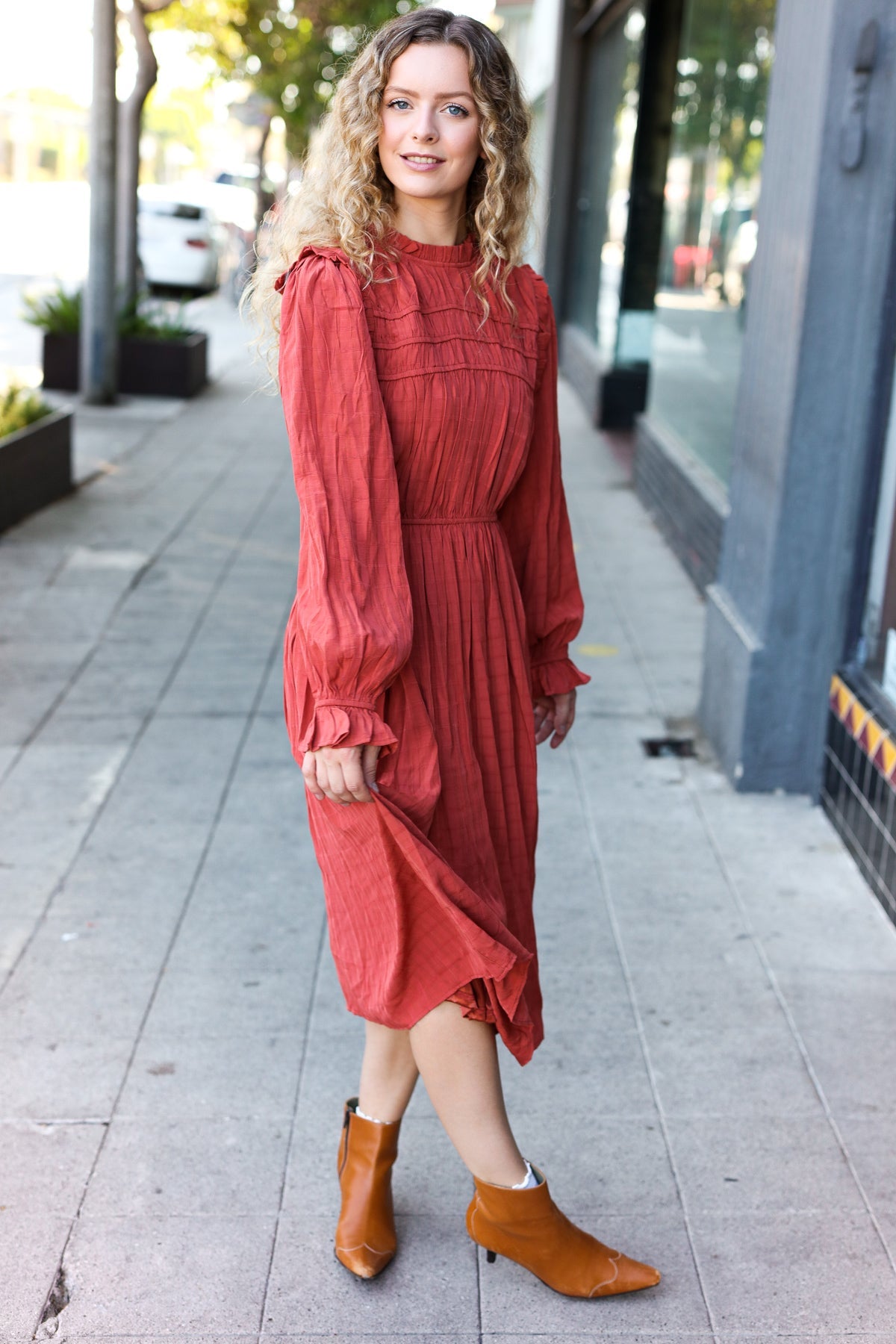 Rust Mock Neck Embossed Midi Dress