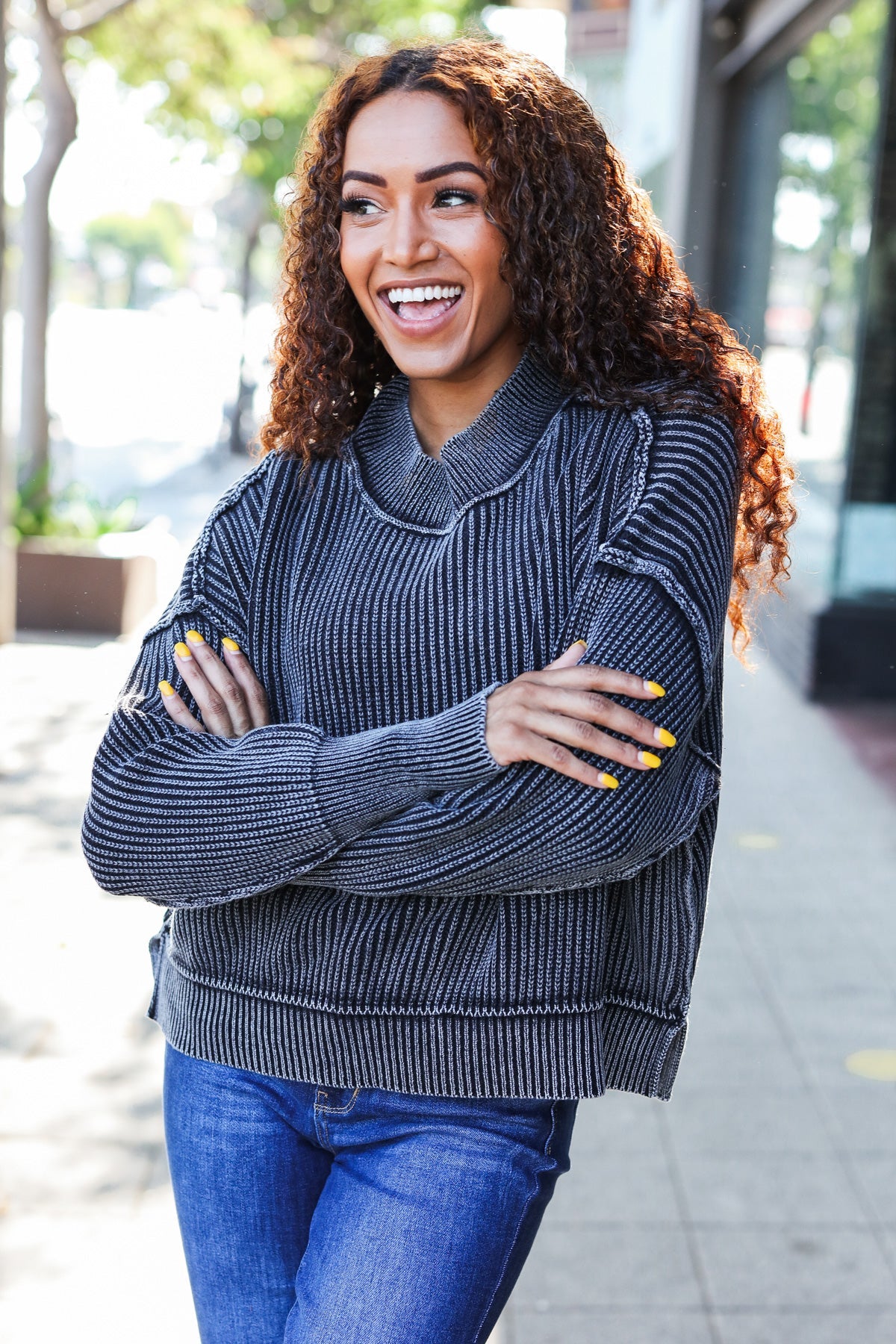 Black Washed Rib Knit Cropped Sweater