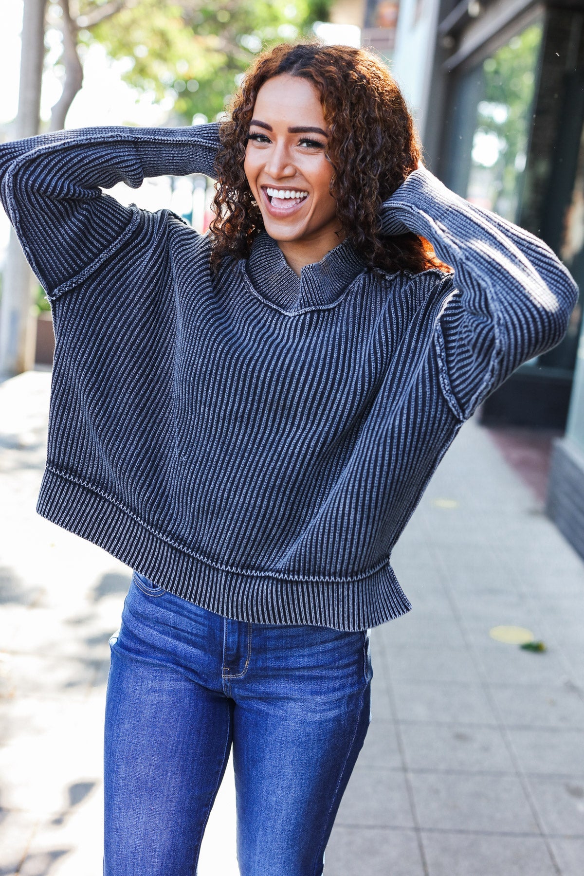 Black Washed Rib Knit Cropped Sweater