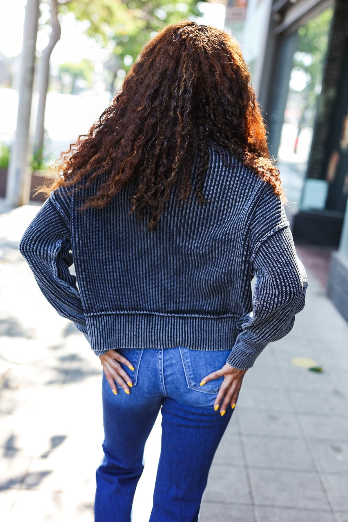 Black Washed Rib Knit Cropped Sweater