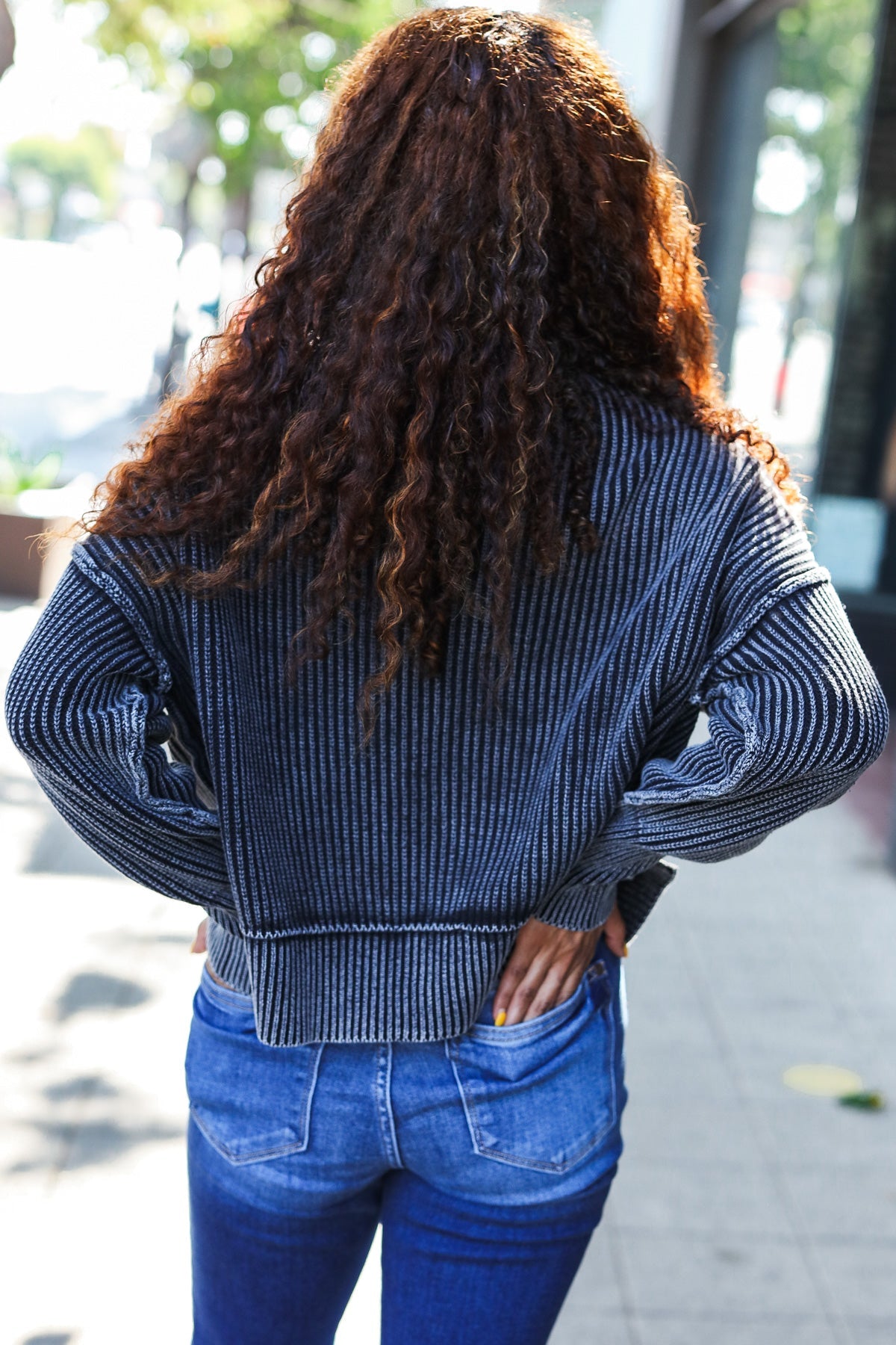 Black Washed Rib Knit Cropped Sweater