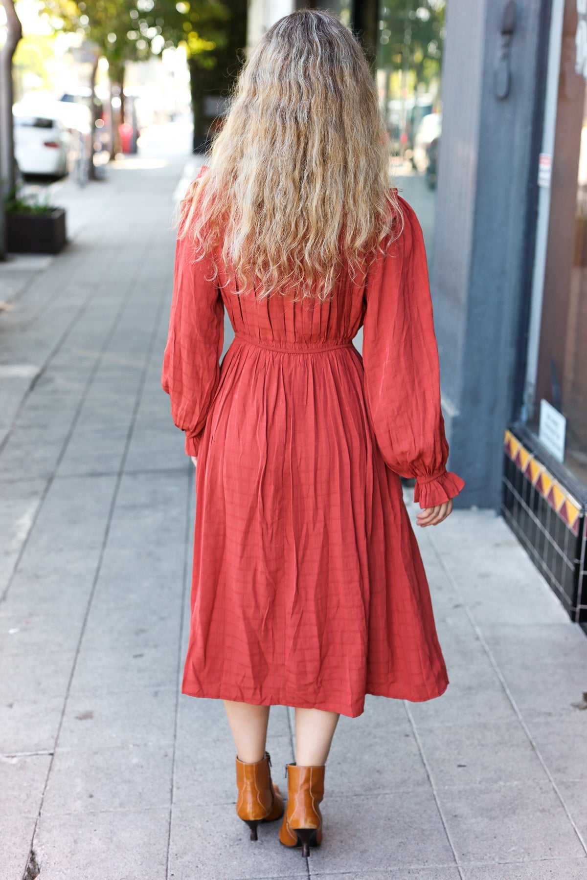 Rust Mock Neck Embossed Midi Dress