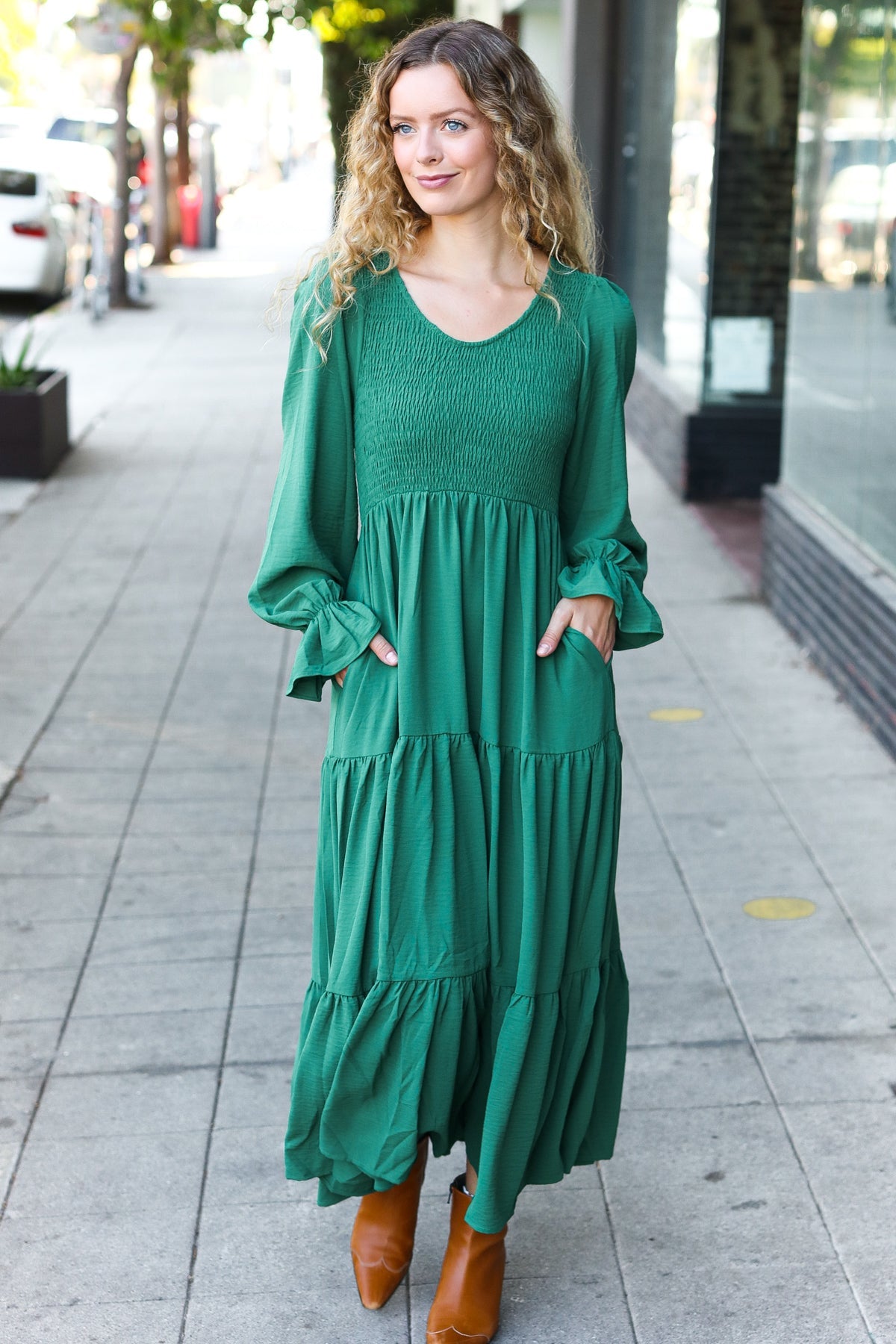 Green Smocked Ruffle Sleeve Maxi Dress