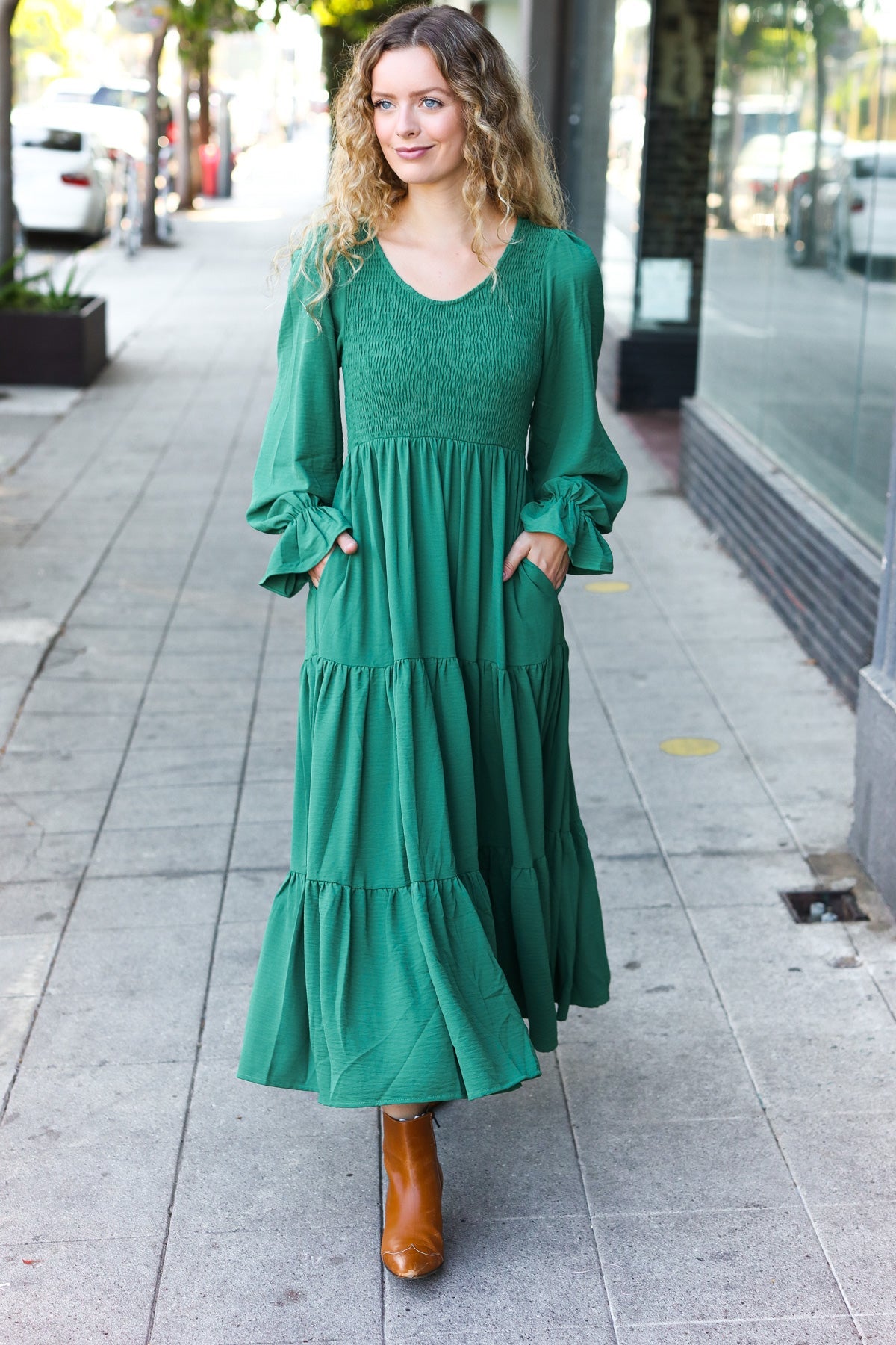 Green Smocked Ruffle Sleeve Maxi Dress