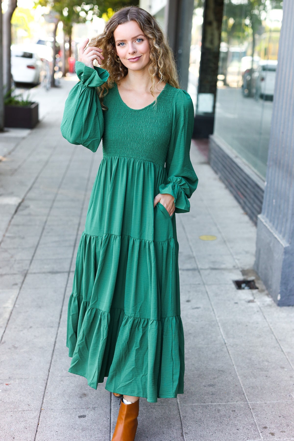 Green Smocked Ruffle Sleeve Maxi Dress