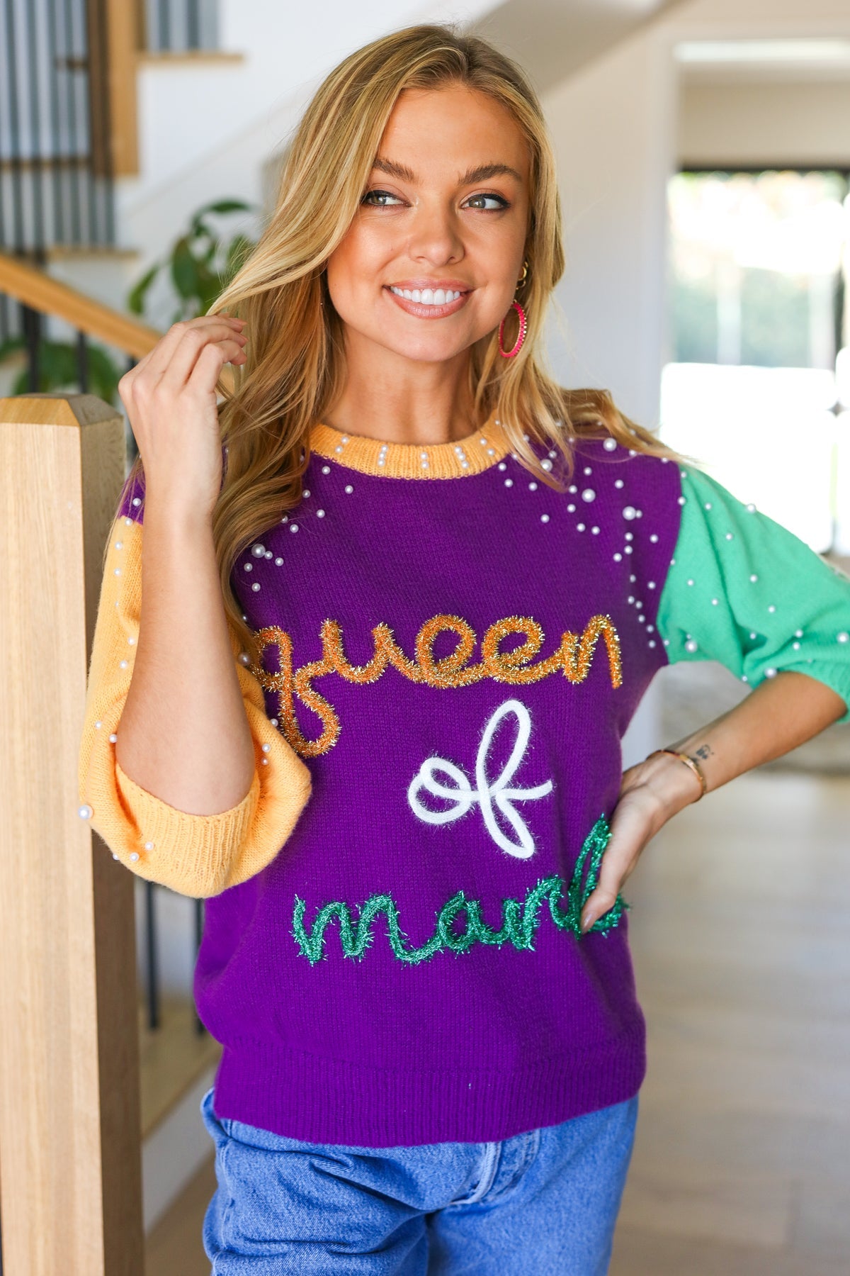 Queen of Mardi Pearl & Tinsel Color Block Knit Top