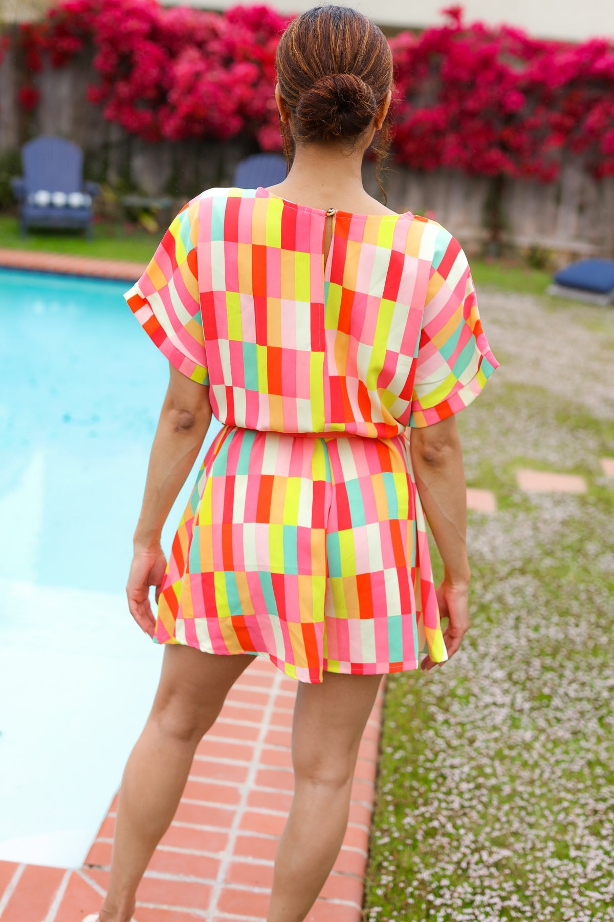 Coral & Yellow Geo Surplice Woven Romper