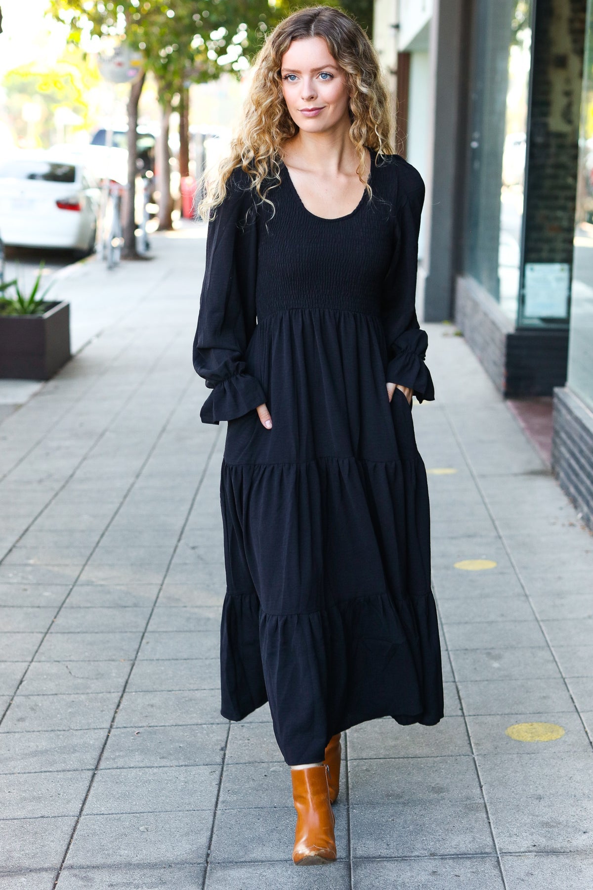 Black Smocked Ruffle Sleeve Maxi Dress