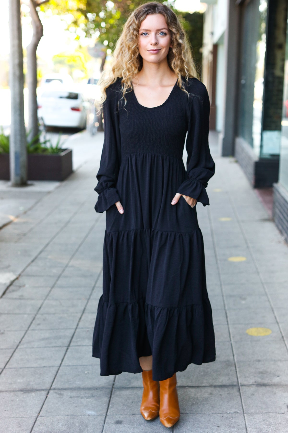 Black Smocked Ruffle Sleeve Maxi Dress