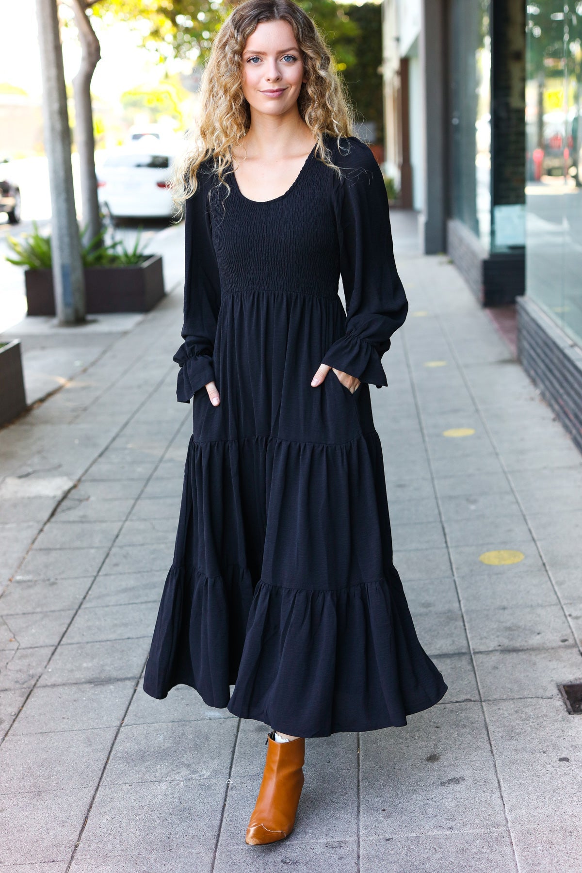 Black Smocked Ruffle Sleeve Maxi Dress