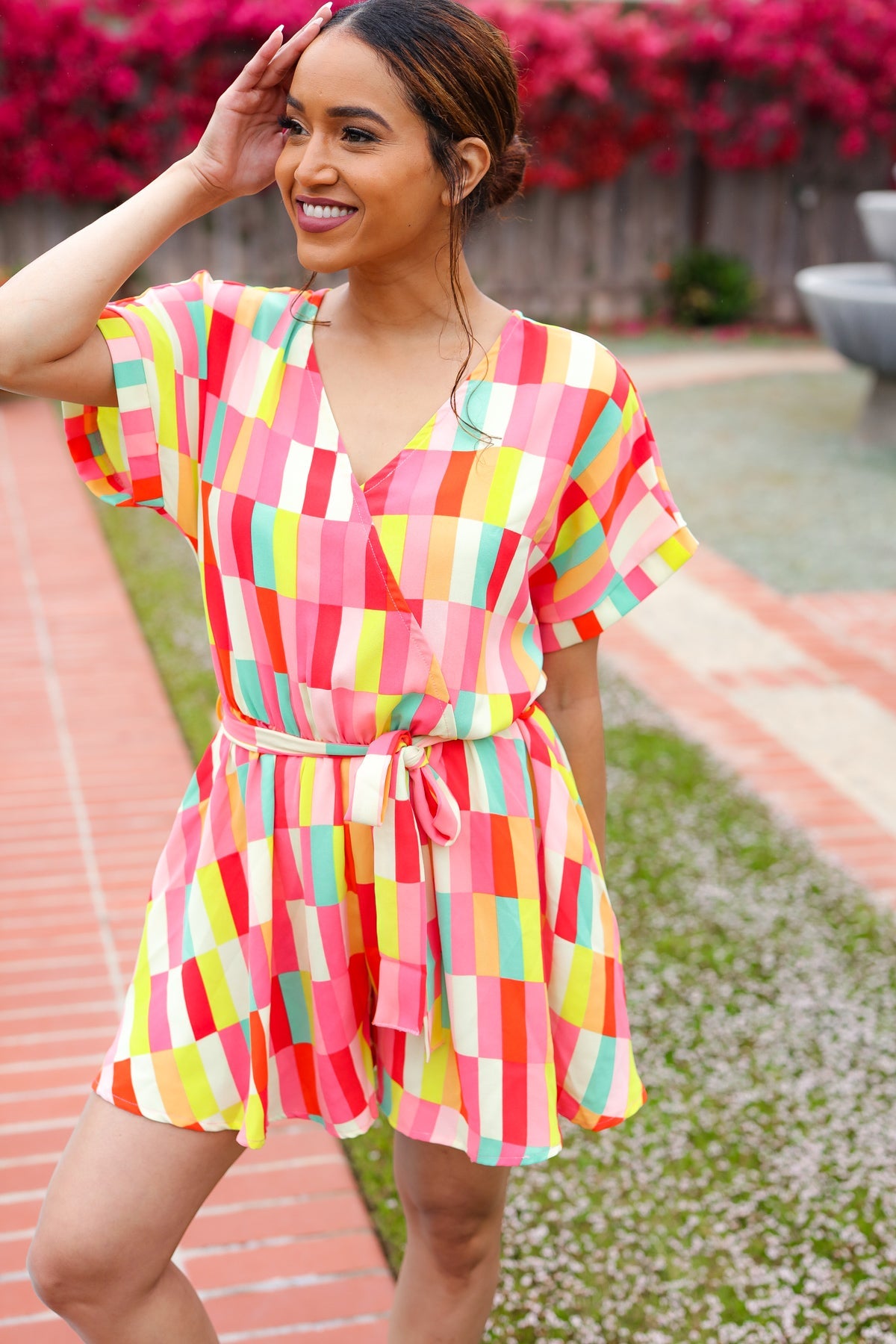 Coral & Yellow Geo Surplice Woven Romper