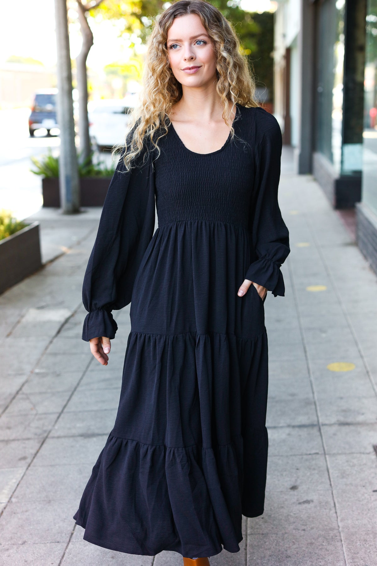 Black Smocked Ruffle Sleeve Maxi Dress