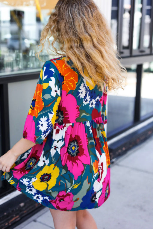 Teal Floral V Neck Babydoll Dress