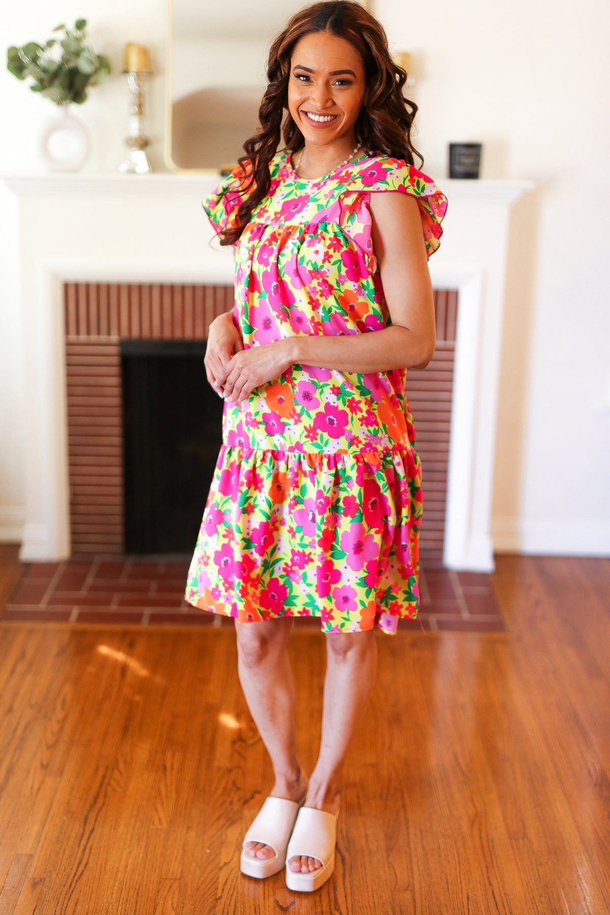 Lime Pink Floral Tiered Ruffle Sleeve Dress